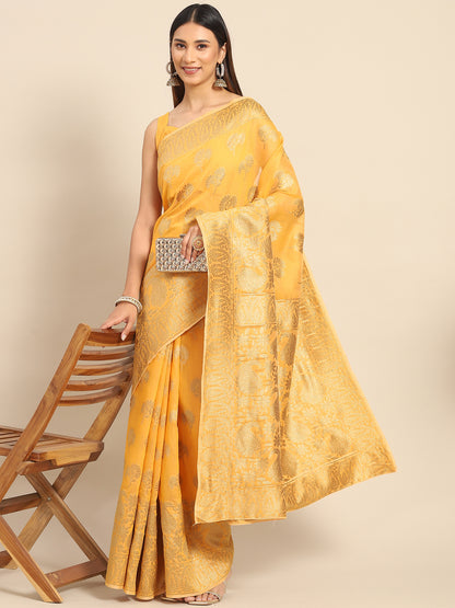 Women's Cotton Blend Yellow Woven Design Celebrity Saree With Blouse Piece