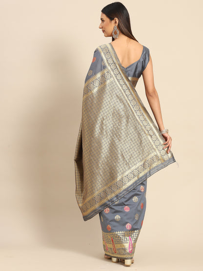 Women's Silk Blend Grey Woven Design Celebrity Saree With Blouse Piece
