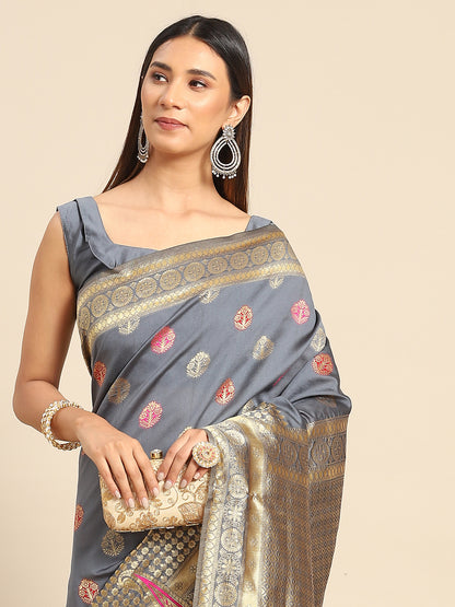 Women's Silk Blend Grey Woven Design Celebrity Saree With Blouse Piece