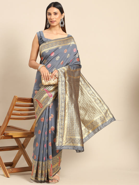 Women's Silk Blend Grey Woven Design Celebrity Saree With Blouse Piece