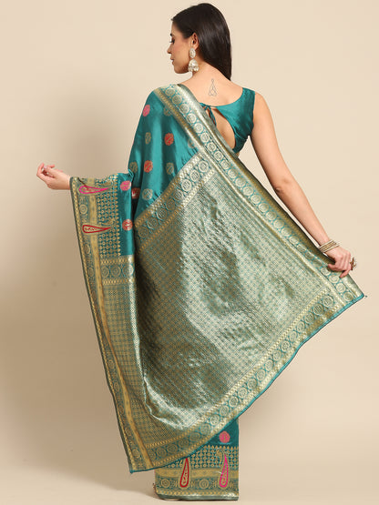 Women's Silk Blend Teal blue Woven Design Celebrity Saree With Blouse Piece