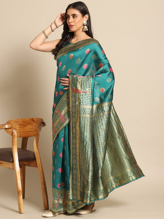 Women's Silk Blend Teal blue Woven Design Celebrity Saree With Blouse Piece