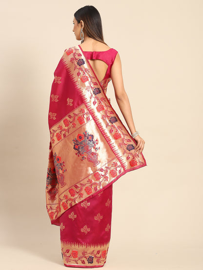 Women's Silk Blend Magenta Woven Design Celebrity Saree With Blouse Piece