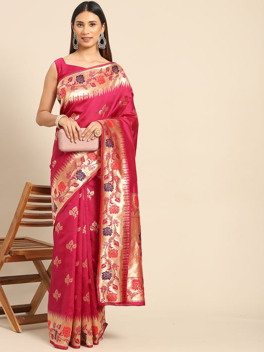Women's Silk Blend Magenta Woven Design Celebrity Saree With Blouse Piece