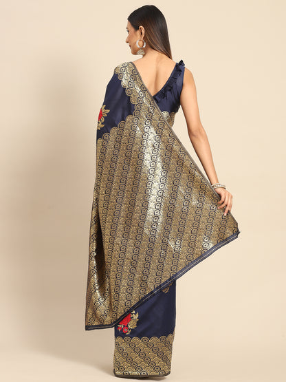 Women's Silk Blend Navy Blue Woven Design Celebrity Saree With Blouse Piece