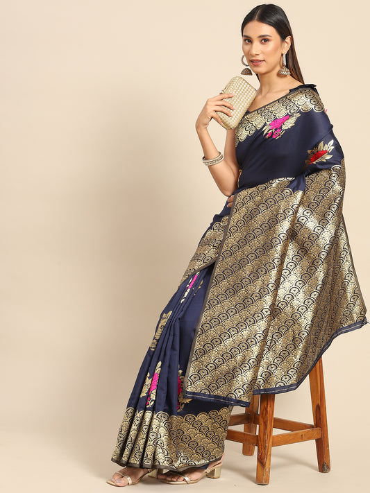 Women's Silk Blend Navy Blue Woven Design Celebrity Saree With Blouse Piece