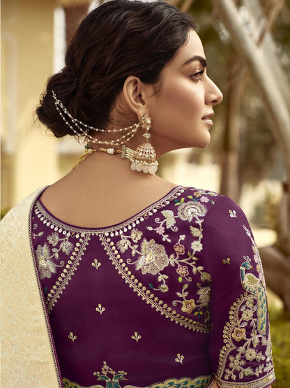 Dhiyona KM Women Ivory Elegance “ Royal Silk Saree With Intricate Embroidery