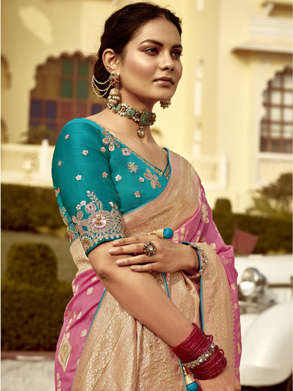 Dhiyona KM Women Pink Banarasi Silk Saree With Gold Zari Weaving