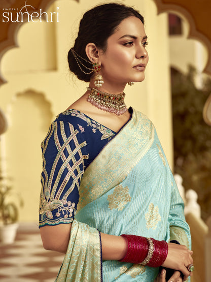 Dhiyona KM Women Sky Blue Banarasi Silk Saree With Zari Weaving