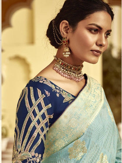 Dhiyona KM Women Sky Blue Banarasi Silk Saree With Zari Weaving