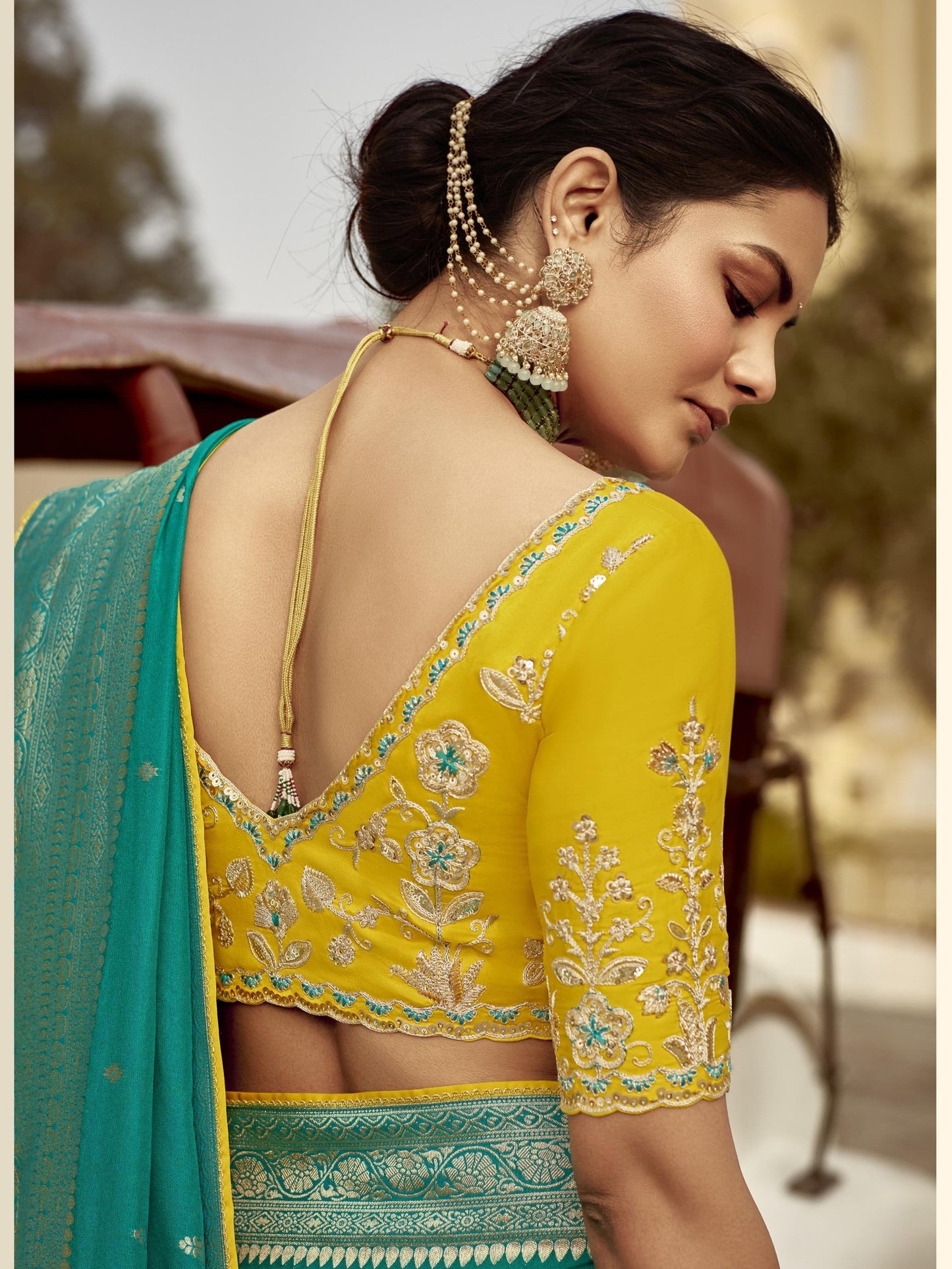 Dhiyona KM Women Green Banarasi Silk Saree With Mustard Embroidered Blousegreen Banarasi Silk Saree