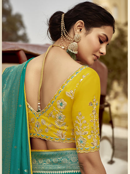 Dhiyona KM Women Green Banarasi Silk Saree With Mustard Embroidered Blousegreen Banarasi Silk Saree