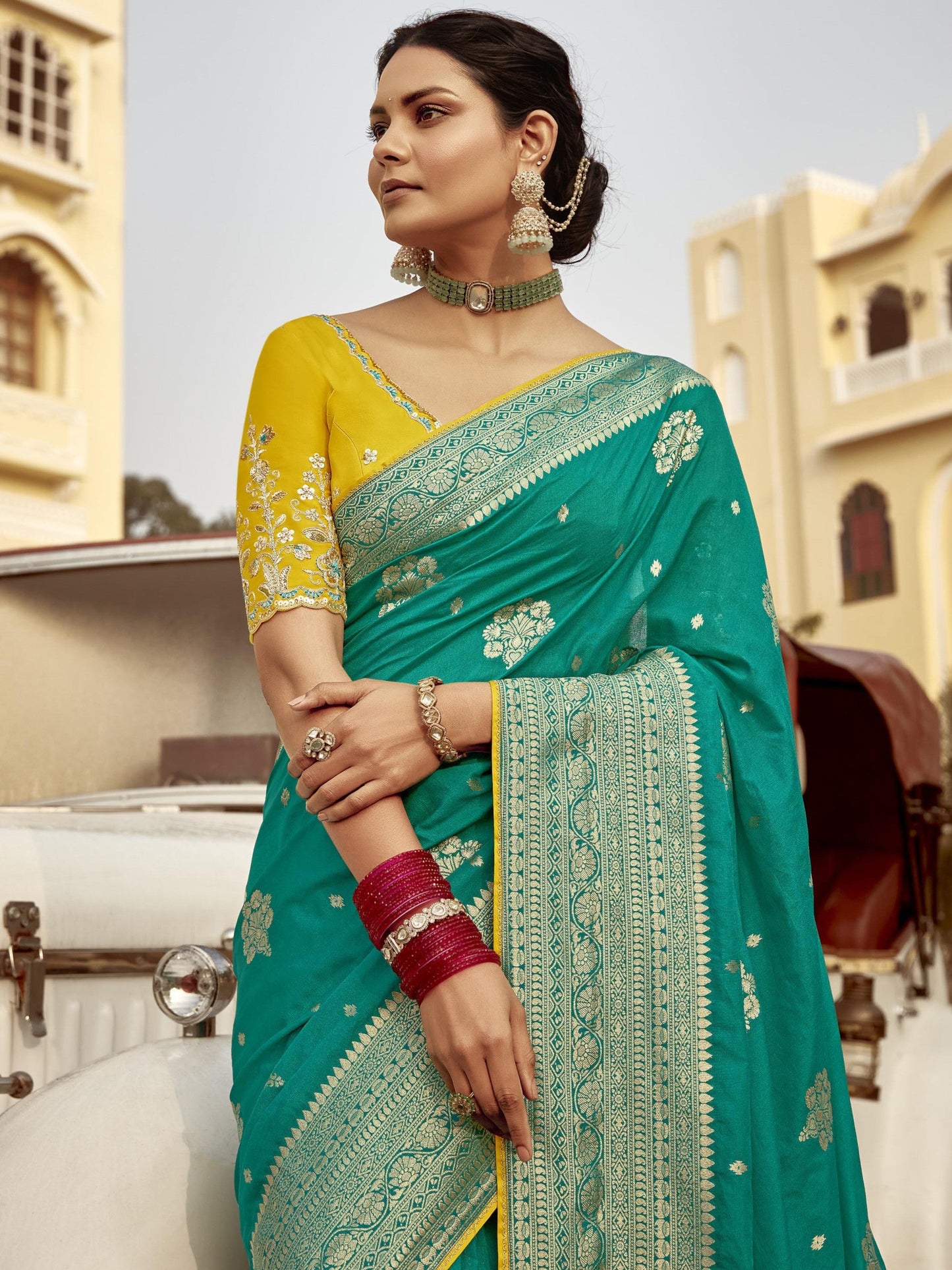 Dhiyona KM Women Green Banarasi Silk Saree With Mustard Embroidered Blousegreen Banarasi Silk Saree