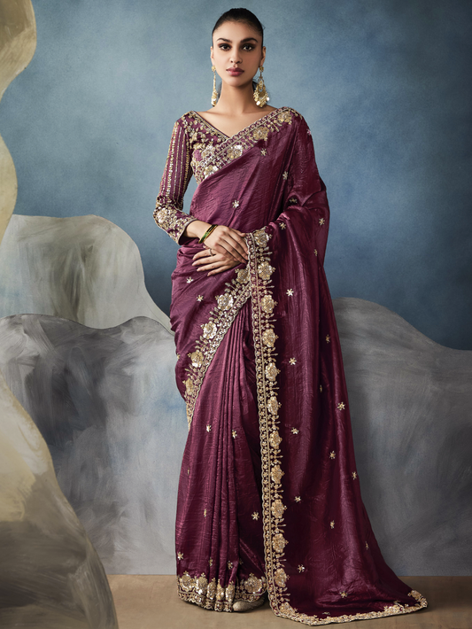 Dhiyona KM Women Wine Tissue Embroidered Fancy Heavy Border Saree