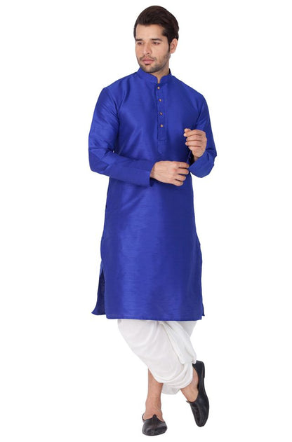 Men's Blue Silk Blend Straight Kurta and Dhoti Set