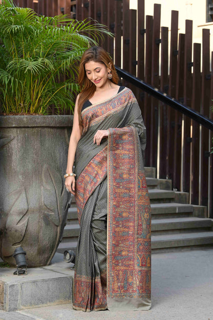 Dhiyona GR Women's Aardhya Grey Jamewar Kashmiri Soft Modal Silk Saree