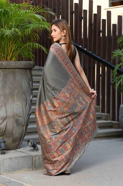 Dhiyona GR Women's Aardhya Grey Jamewar Kashmiri Soft Modal Silk Saree