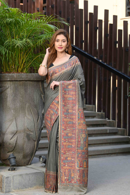 Dhiyona GR Women's Aardhya Grey Jamewar Kashmiri Soft Modal Silk Saree