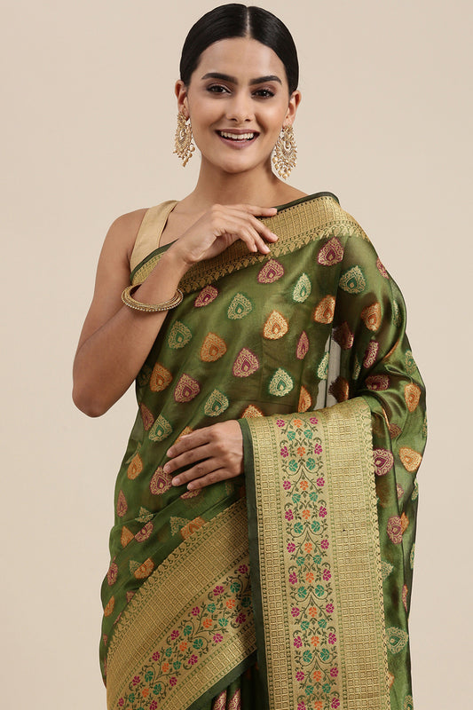 Dhiyona GR Women's Aarvi Pickle Green Zari Woven Design Banarasi Organza Saree