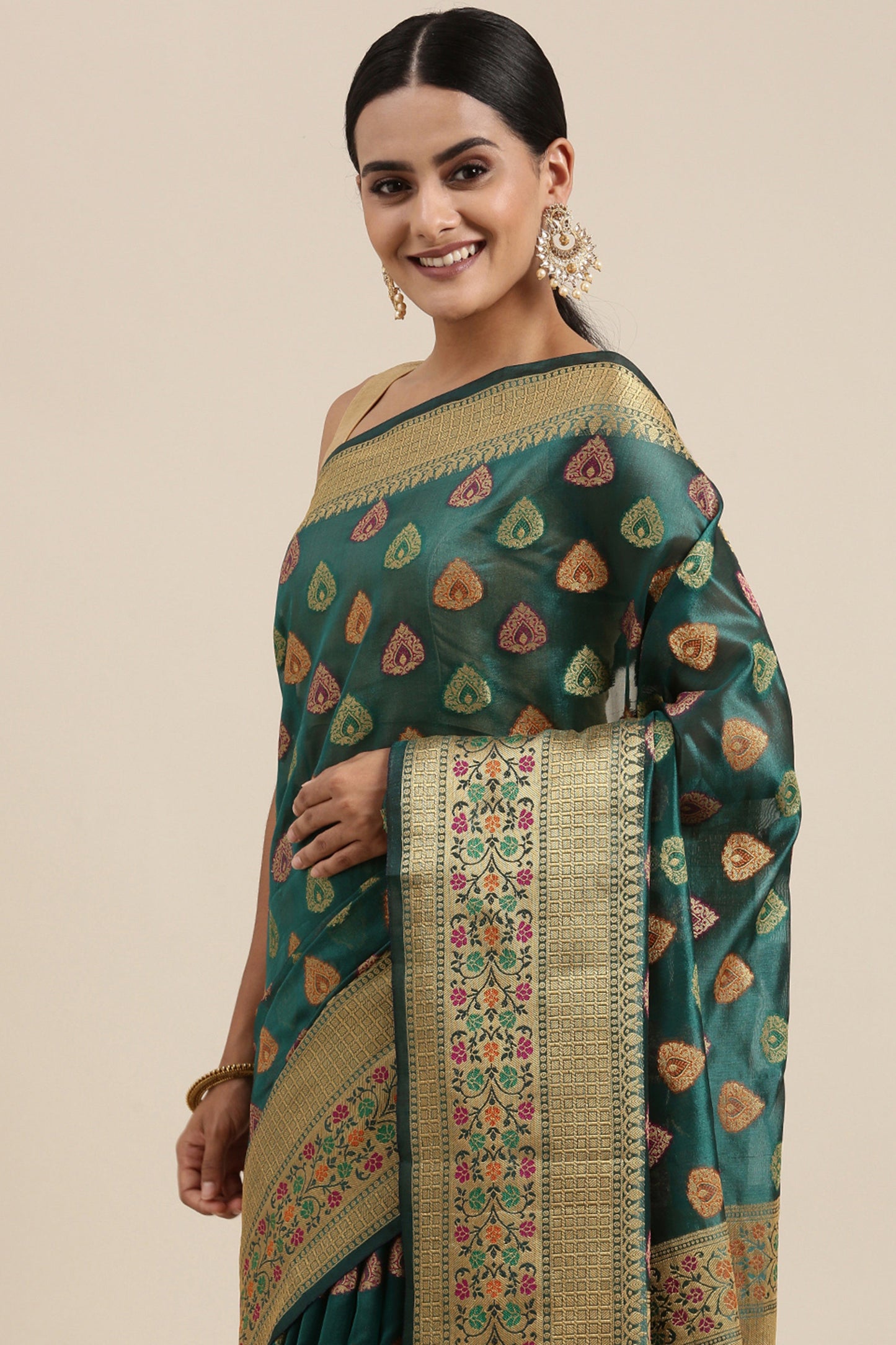 Dhiyona GR Women's Aarvi Bondi Blue Zari Woven Design Banarasi Organza Saree