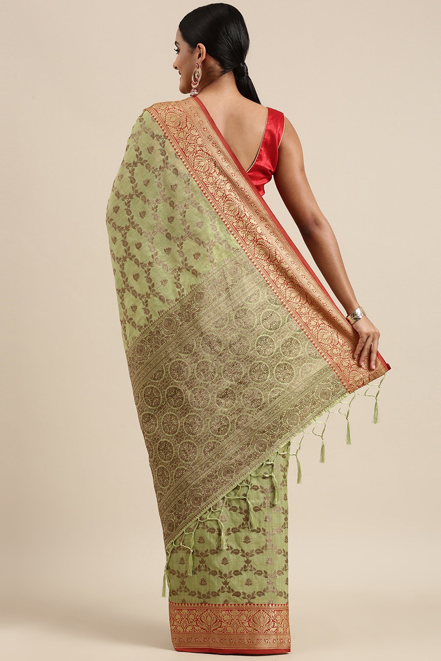 Dhiyona GR Women's Aarya Pear Green Zari Woven Design Banarasi Pure Cotton Saree