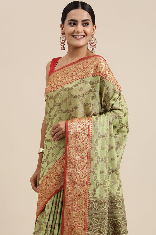 Dhiyona GR Women's Aarya Pear Green Zari Woven Design Banarasi Pure Cotton Saree