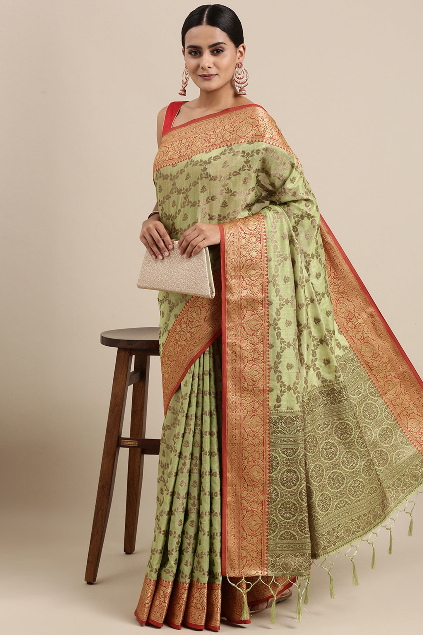 Dhiyona GR Women's Aarya Pear Green Zari Woven Design Banarasi Pure Cotton Saree