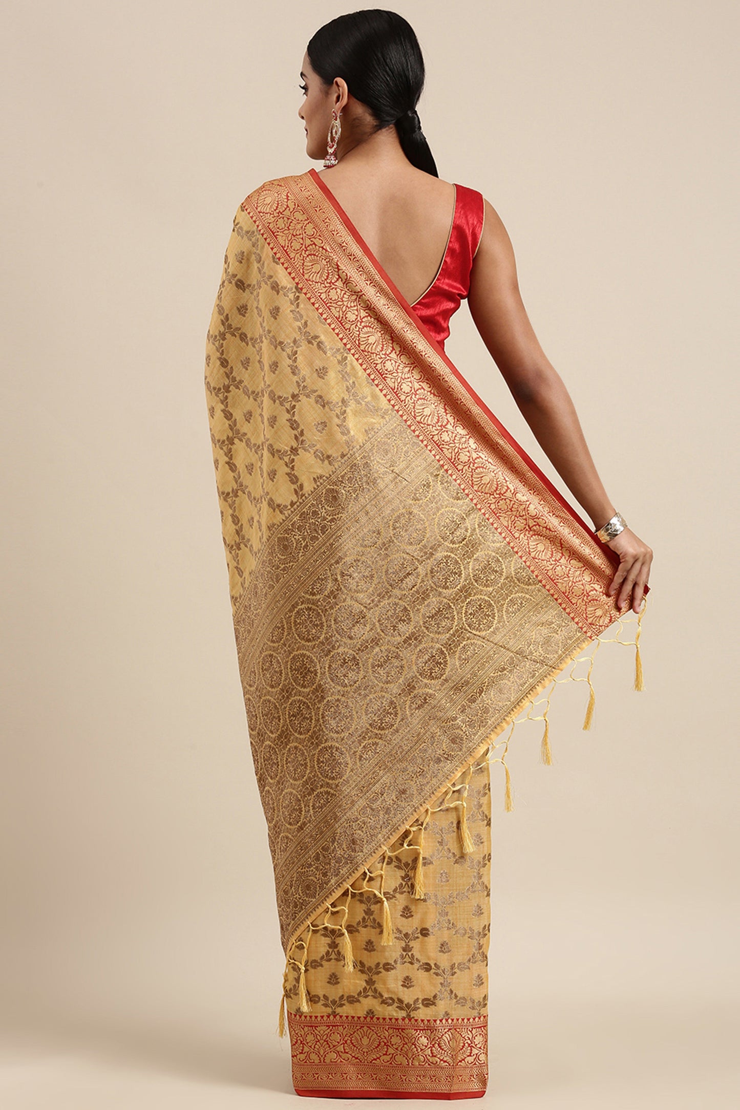 Dhiyona GR Women's Aarya Canary Yellow Zari Woven Design Banarasi Pure Cotton Saree