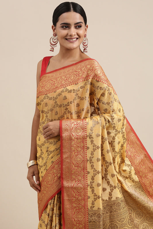 Dhiyona GR Women's Aarya Canary Yellow Zari Woven Design Banarasi Pure Cotton Saree