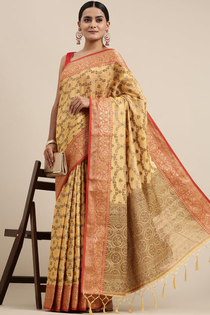 Dhiyona GR Women's Aarya Canary Yellow Zari Woven Design Banarasi Pure Cotton Saree