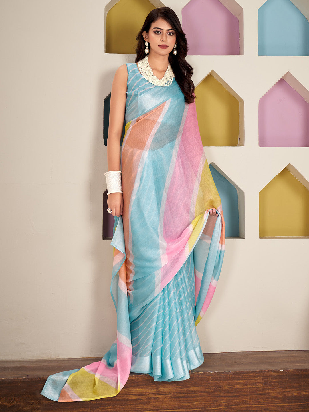Women's Chiffon Light Blue Printed Designer Saree With Blouse Piece