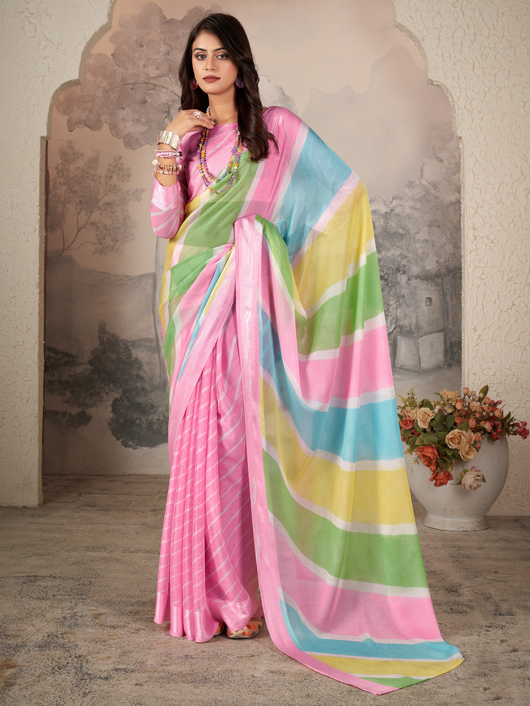 Women's Chiffon Pink Printed Designer Saree With Blouse Piece