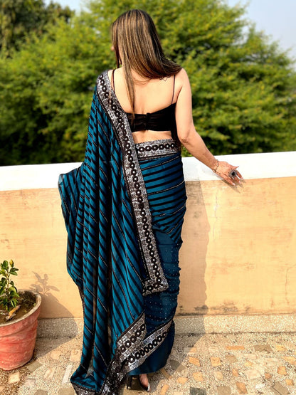 Women's Georgette Teal blue Embellished Designer Saree With Blouse Piece