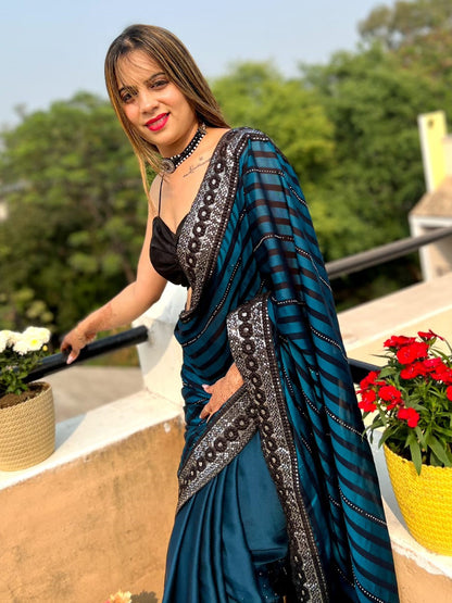 Women's Georgette Teal blue Embellished Designer Saree With Blouse Piece