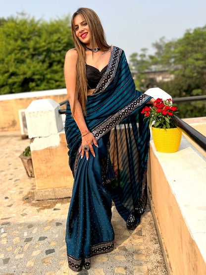 Women's Georgette Teal blue Embellished Designer Saree With Blouse Piece