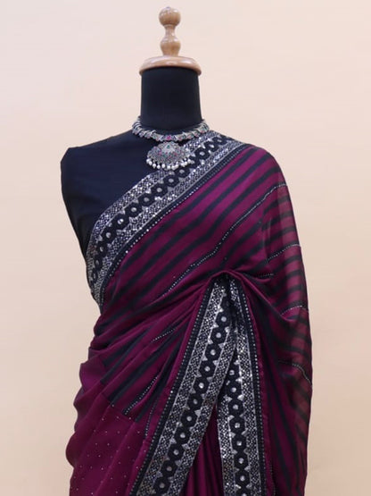 Women's Georgette Purple Embellished Designer Saree With Blouse Piece