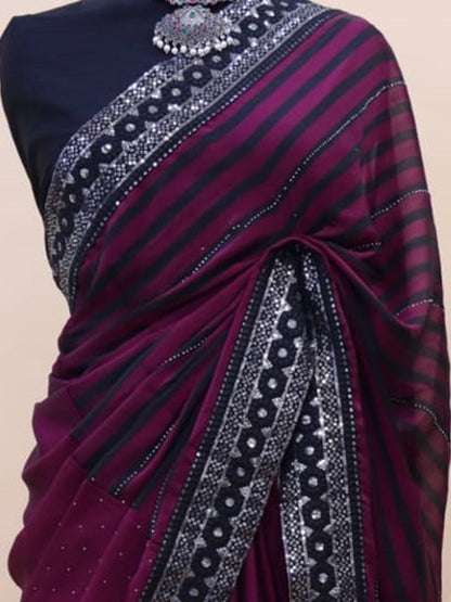 Women's Georgette Purple Embellished Designer Saree With Blouse Piece