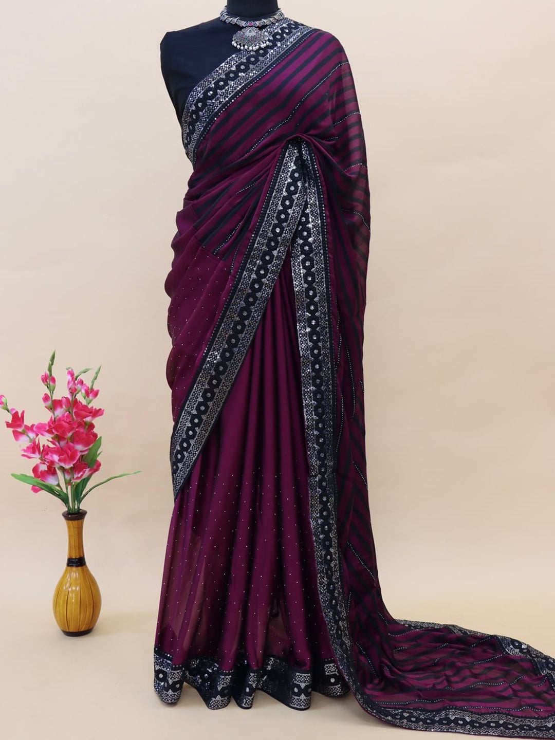 Women's Georgette Purple Embellished Designer Saree With Blouse Piece
