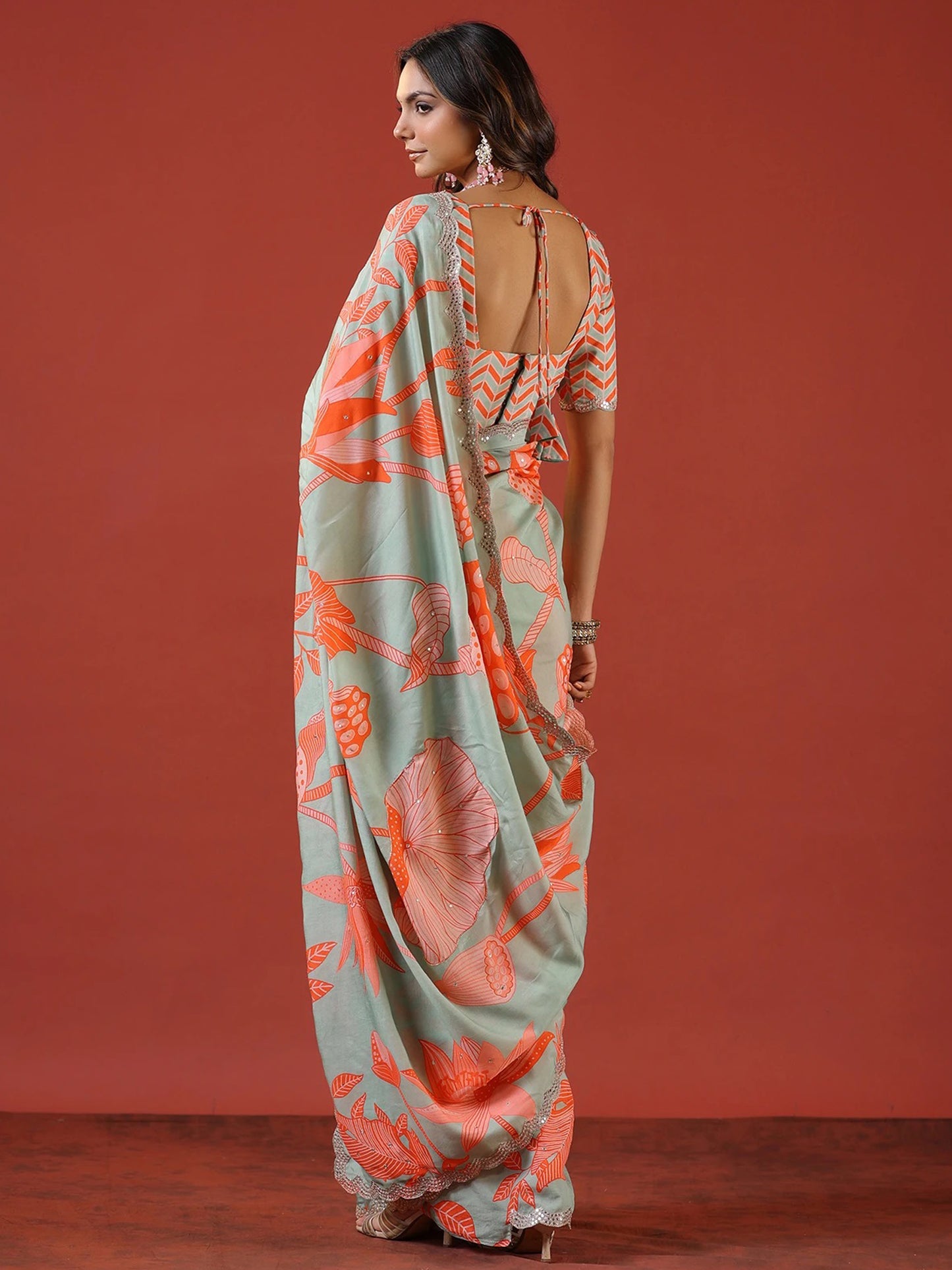 Women's Vichitra Silk Sea Green Embellished Celebrity Saree With Blouse Piece