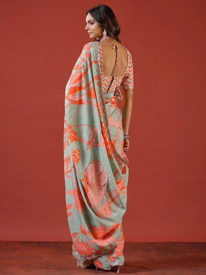 Women's Vichitra Silk Sea Green Embellished Celebrity Saree With Blouse Piece