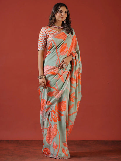 Women's Vichitra Silk Sea Green Embellished Celebrity Saree With Blouse Piece