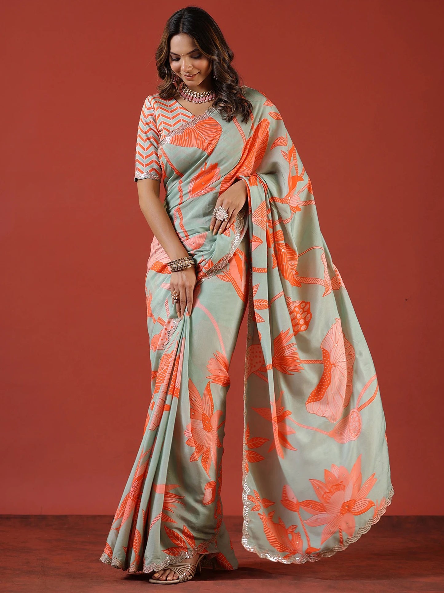 Women's Vichitra Silk Sea Green Embellished Celebrity Saree With Blouse Piece