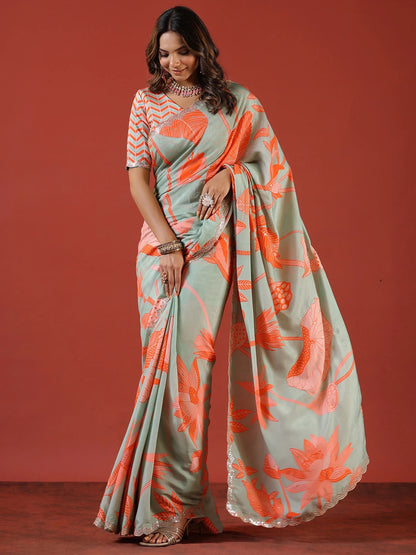 Women's Vichitra Silk Sea Green Embellished Celebrity Saree With Blouse Piece