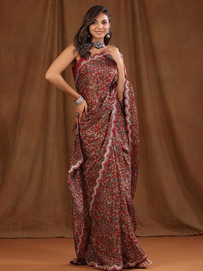 Women's Vichitra Silk Maroon Embellished Celebrity Saree With Blouse Piece