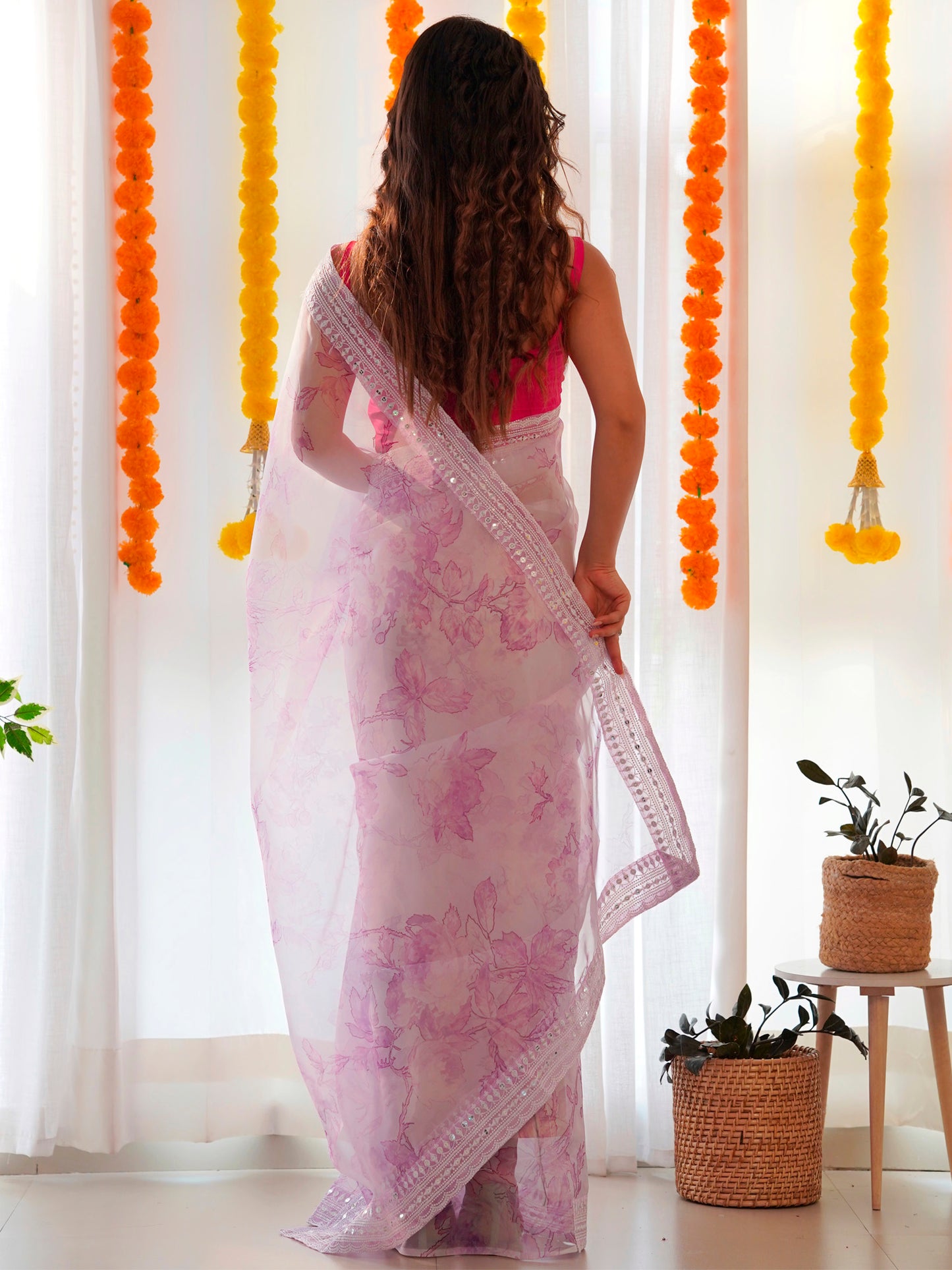 Women's Organza Mauve Embroidered Designer Saree With Blouse Piece