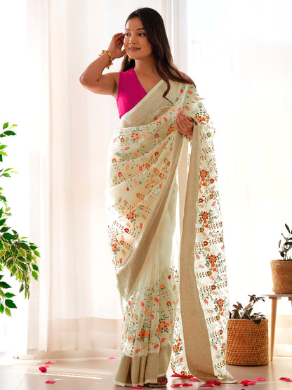 Women's Organza Yellow Embroidered Designer Saree With Blouse Piece