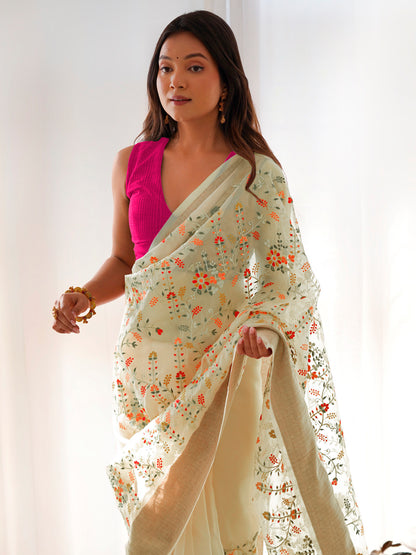 Women's Organza Yellow Embroidered Designer Saree With Blouse Piece