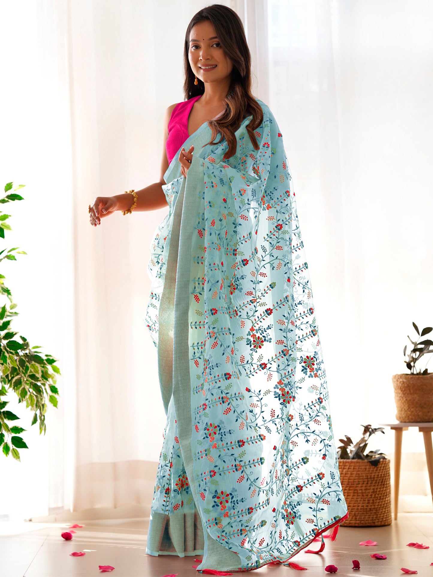 Women's Organza Light Blue Embroidered Designer Saree With Blouse Piece