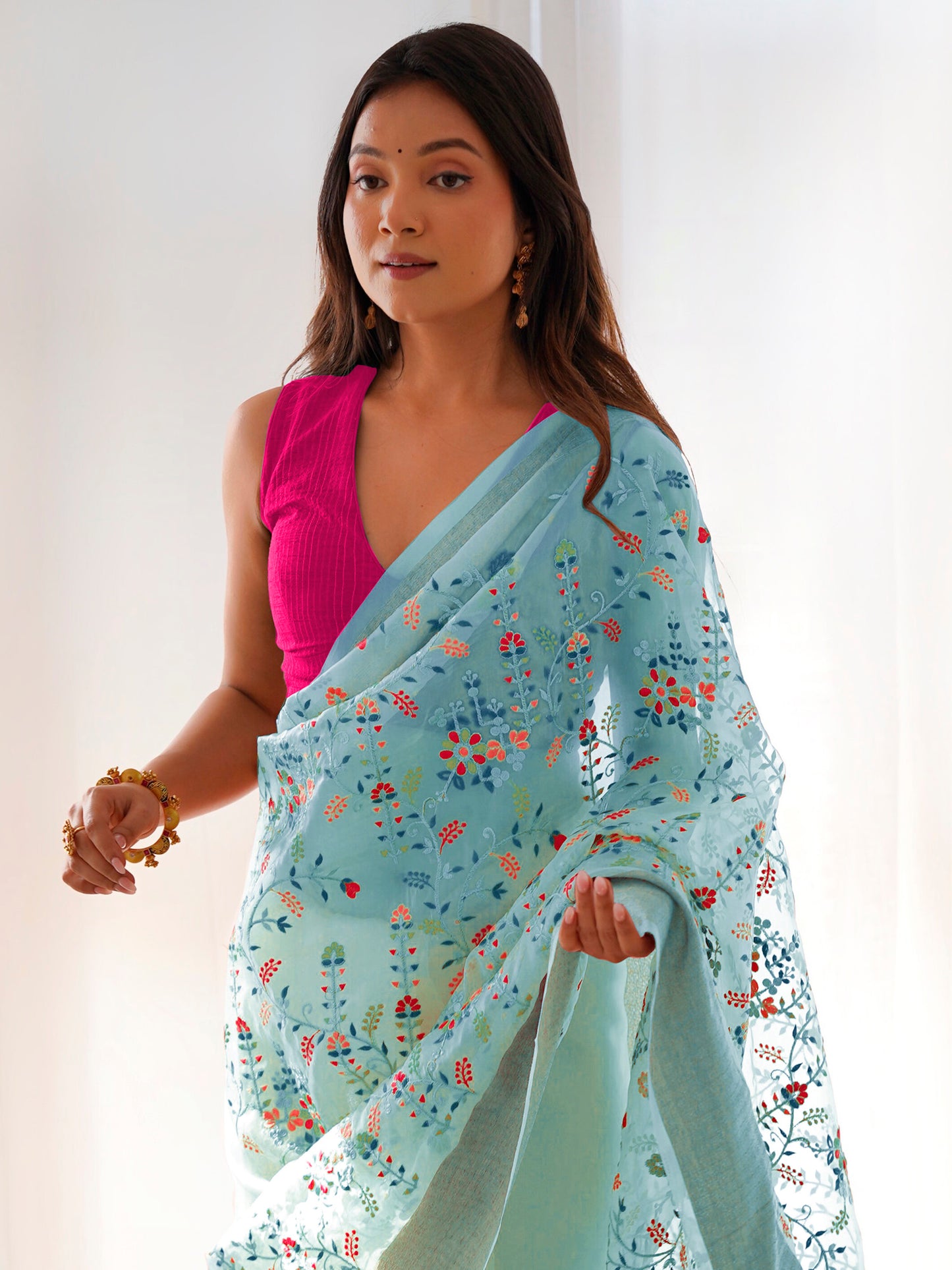 Women's Organza Light Blue Embroidered Designer Saree With Blouse Piece