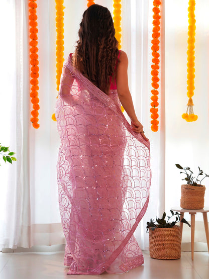 Women's Organza Mauve Embellished Designer Saree With Blouse Piece